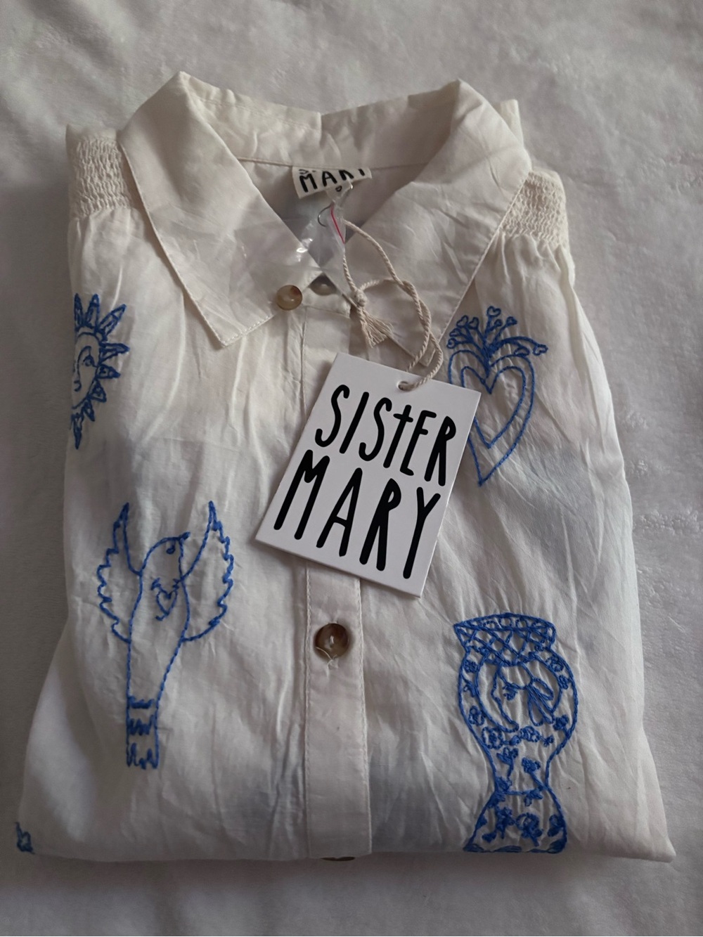 Sister Mary White Embroidered Button-Up Blouse with Blue Motifs